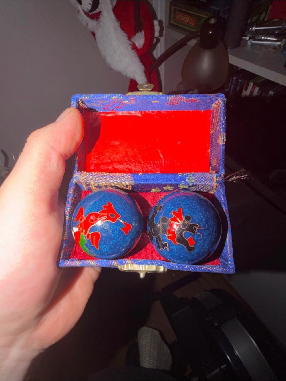 Vintage Antique Blue Chinese Baoding Relaxation Balls with Fish Design